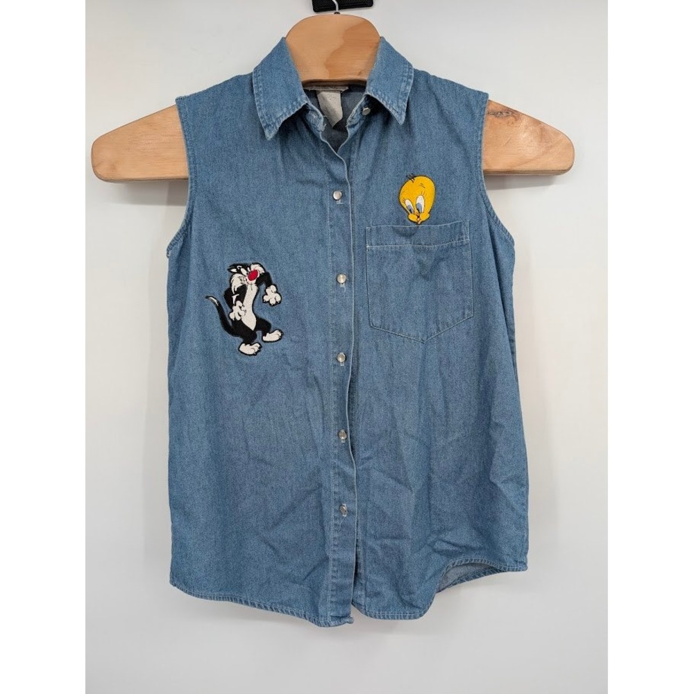 Looney Tunes Vintage Sleeveless Denim Shirt Sylvester and Tweety Button Down S